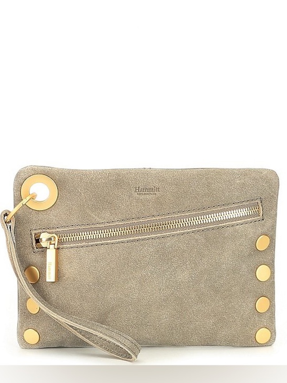Hammitt Nash Crossbody Wristlet Clutch Purse Pebble Grey Beige like new Gold